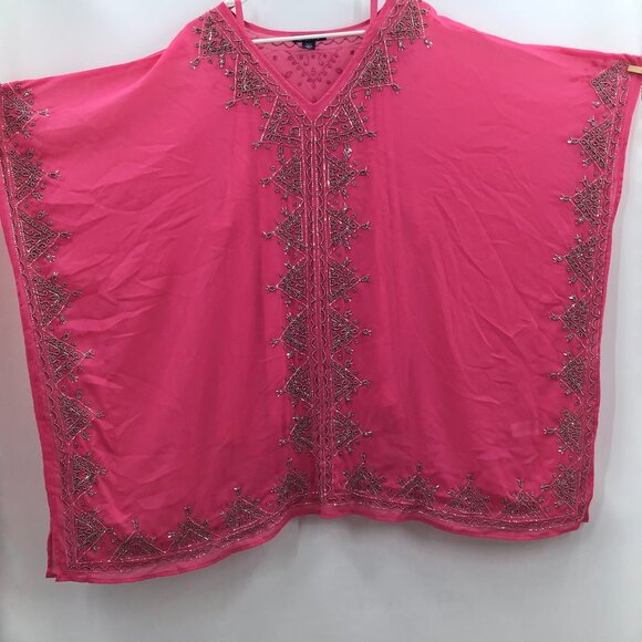 Roaman's Tops - Incredible Women's 30/32 Hand Beaded 2 Piece Pink Boho Tunic Semi-Sheer V-Neck